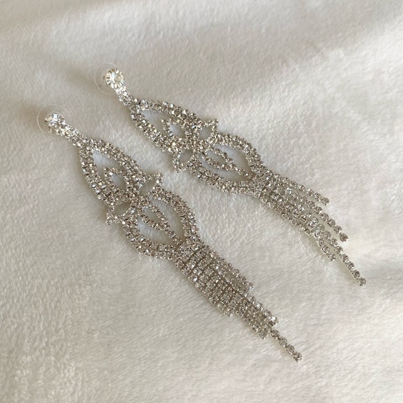 Chandelier clear crystal rhinestone diamond silver earrings wedding bridal New - Picture 4 of 7